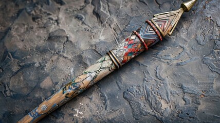 Ornate handcrafted dagger with intricate patterns and colorful rings on handle