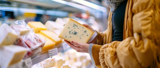 Impressive scene depicting a customer holding a packet cheese and reading consumer information