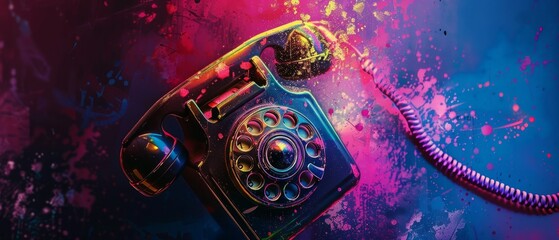 Vintage telephone with colorful splashes on a dark background, ultra-high-definition 4K quality