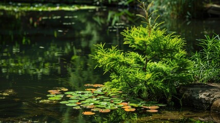 Naklejka premium Cypress shrub next to the pond