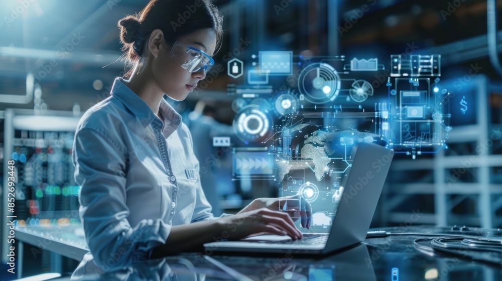 Poster futuristic concept: a woman in a high-tech lab using augmented reality for data visualization and an