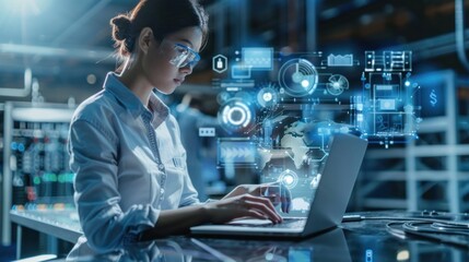 Futuristic Concept: A Woman in a High-Tech Lab Using Augmented Reality for Data Visualization and Analysis