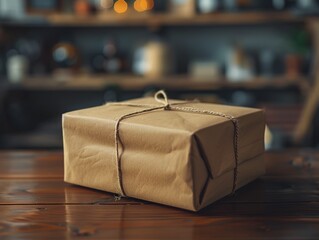 Beautifully wrapped brown paper package tied with string on a wooden table, surrounded by a blurred background of assorted items and warm lighting