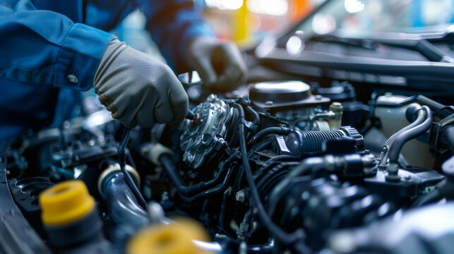 Mechanic working on repairing the engine of a modern car.