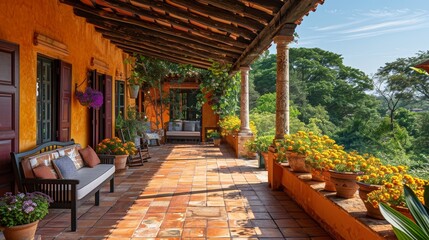 Obraz premium A vibrant and cozy veranda adorned with blooming flowers offering a serene and picturesque view of lush greenery in a sunny natural setting