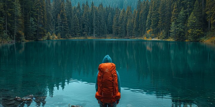 A person with a bright orange backpack stands by the edge of a serene, turquoise mountain lake surrounded by towering evergreen trees and misty forest scenery