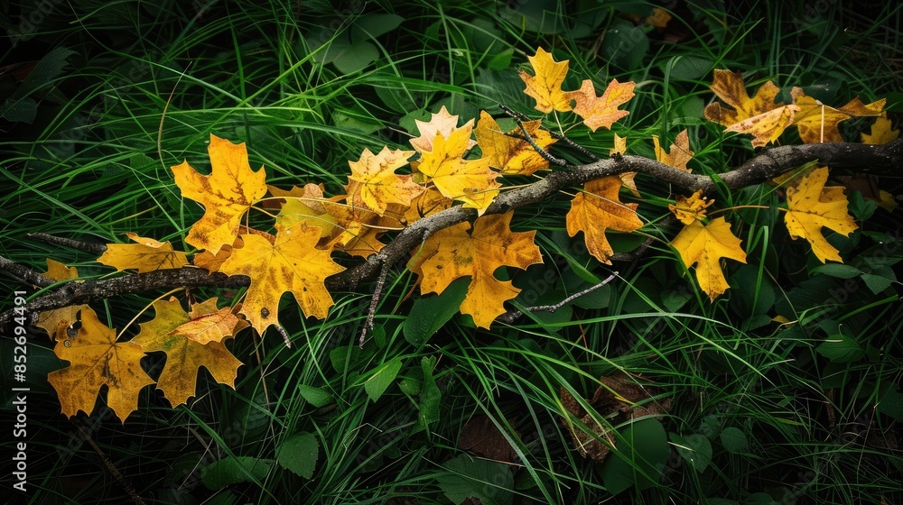 Poster yellow leaves on an oak branch resting in a sea of green grass representing the arrival of autumn