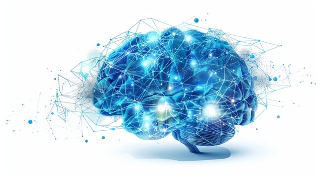 Digital blue brain with an abstract network design and explosive dynamic effects on a plain white background