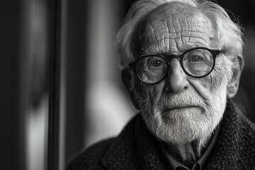 A touching black-and-white portrait of an elderly man with glasses and a beard, emphasizing the depth and expressions of age and life experience visible in his eyes