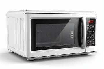 Fototapeta premium A modern white microwave oven with digital controls and timer, featuring a clear glass door and sleek design, ideal for contemporary kitchen settings