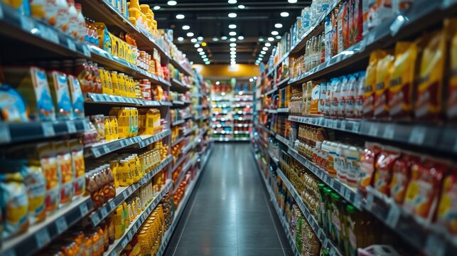 A brightly lit supermarket aisle featuring a wide variety of packaged grocery items and beverages neatly arranged on both sides with a focus on consumer goods