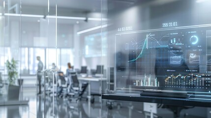 Advanced Data Analytics in Modern Office Environment featuring High-Tech Digital Interfaces and Collaborative Workspace