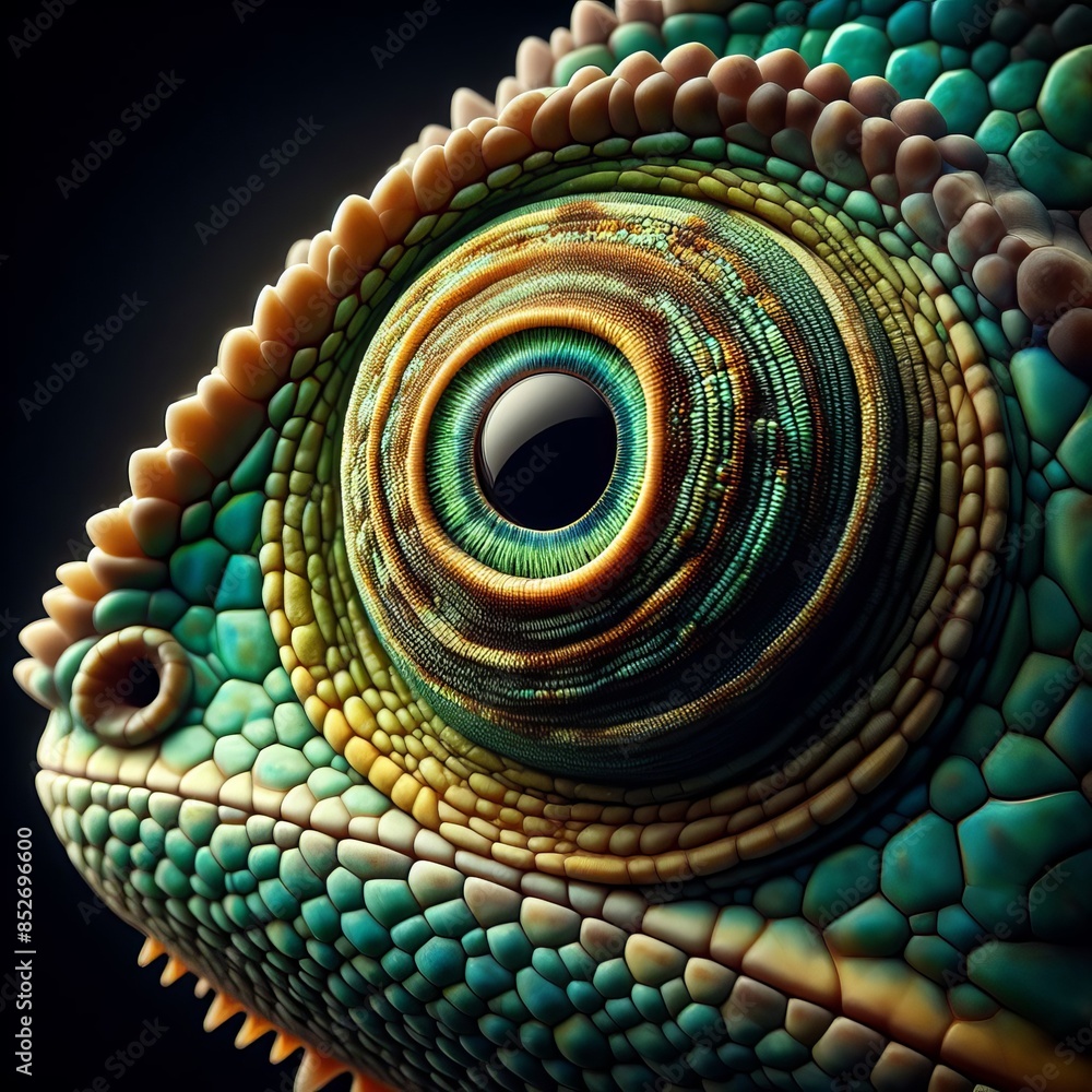 Poster stunning close-up image of a chameleon's eye showcasing vibrant colors and intricate details. the te