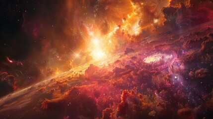 A breathtaking cosmic landscape showing vibrant interstellar clouds, distant galaxies, and radiant star formations in a mesmerizing display of colors and light.
