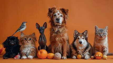 A diverse group of pets including dogs, cats, birds, and fishes. The setting is a studio with an orange background and studio lighting. Generative AI.