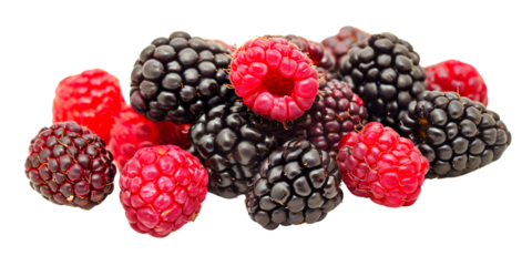 An isolated png image of a vibrant, close-up of raspberries and blackberries, fresh and juicy with water droplets, against a white background.