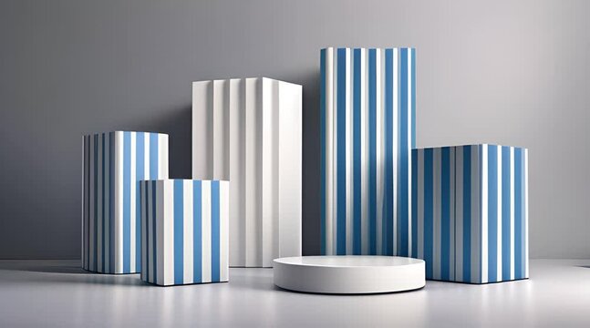 Realistic 3D white cylinder podium background placed in front of three arch door and vertical pattern. Minimal mockup or abstract product display presentation, Stage showcase. Platforms vector design.