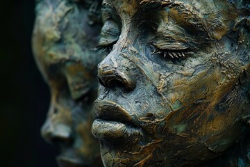 Intricate bronze sculpture of two serene human faces with closed eyes, deeply textured to depict a sense of tranquility and introspection