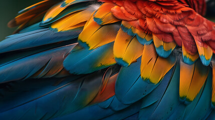 Obraz premium Close up of Scarlet macaw bird's feathers, exotic nature background and texture.
