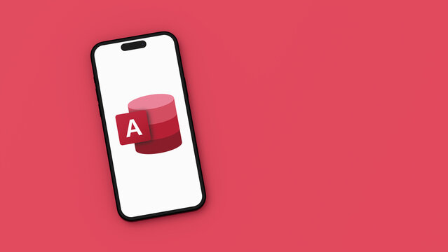 Microsoft Access Logo on Mobile Phone Screen on Red Background with Copy Space