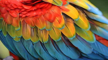 Obraz premium Close up of Scarlet macaw bird's feathers, exotic nature background and texture.