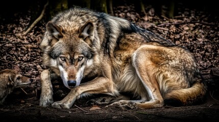 Obraz premium A large wolf and a small animal sitting on the ground, AI