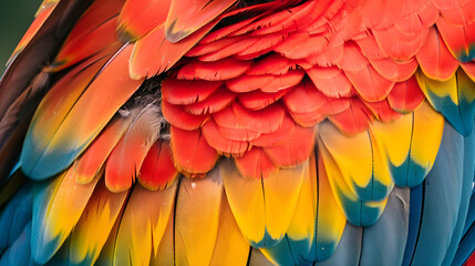 Obraz premium Close up of Scarlet macaw bird's feathers, exotic nature background and texture.