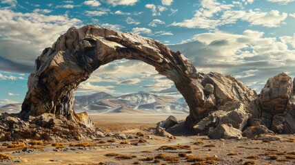 Fototapeta premium Natural rock arch in vast, arid landscape under blue sky with clouds