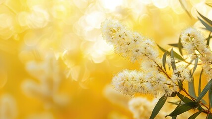 Close-up of yellow wattle flowers against sunlit bokeh background