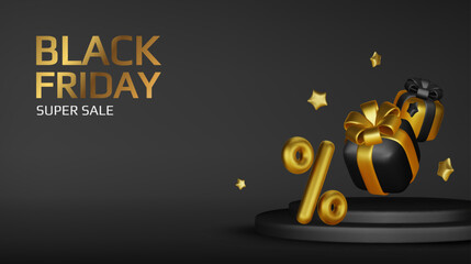 Black Friday Sale. Realistic 3d design stage podium, round studio, gold neon lights, gift box black, black bow, shopping bag. Creative marketing concept. Vector illustration