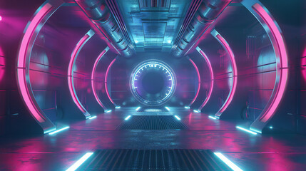 Abstract high tech futuristic technology data transfer design with magic circle teleport podium with hologram effec Sci fi