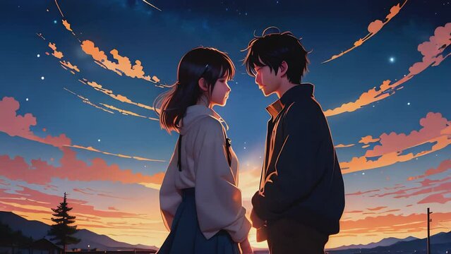 A tender romantic moment between two anime characters, set against a beautiful sunset or starry night sky, with soft lighting and emotional expressions