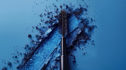 An artistic close-up shot of a black mascara wand lying on a vibrant blue background with crushed blue eyeshadow pigment scattered around it