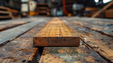 A close-up image showcases a wooden ruler with visible calibration marks resting on a worn-out, textured wooden surface in an industrial setup