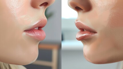 Obraz premium Closeup of Lip Transformation: Stunning Results from Cosmetic Filler Procedure for Fuller, Plumper Lips and Beauty Improvement