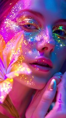 Obraz premium Beauty, cosmetics and makeup. Magic eyes look with bright creative make up. Macro shot of beautiful woman's face with perfect art makeup with glitter. Closeup. Body art