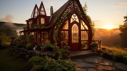 Fototapeta premium Morning sunlight casting a golden glow on ripe strawberries in a vibrant greenhouse setting