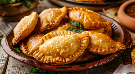 Golden fried empanadas on the table.