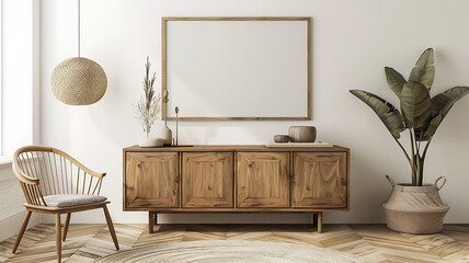 the perfect blend of functionality and style in a living room with a real photo of a wooden cabinet decorated with modern accessories, framed by an empty white wall that enhances the overall aesthetic