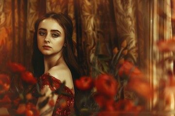 Fototapeta premium A serene portrait of a young woman dressed in a red lace gown, surrounded by an intricate tapestry background and vibrant red flowers