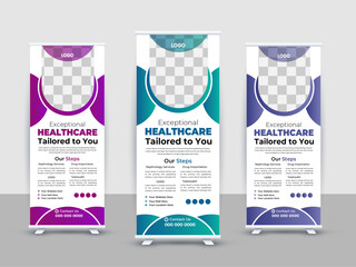 Medical Roll up Banner Design Template. Vector healthcare and medical care roll up stand banner design x roll up banner design template.