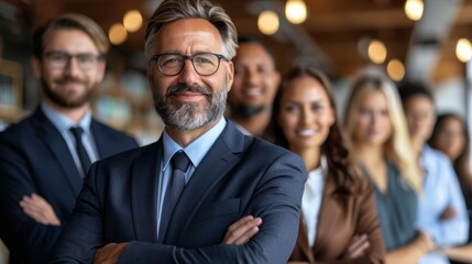 A group of confident business professionals, in formal attire, standing in a modern office environment, with a distinguished leader in focus at the front conveying leadership and teamwork