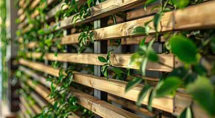 Greenery on wooden slats - room divider for indoor plants.
