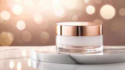 Elegant night cream container on a marble countertop, illuminated by warm ambient lighting, showcasing high-quality skincare in a realistic setting