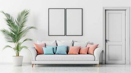 Empty picture frames on a pristine white wall, modern living room with a cozy sofa, colorful cushions, and a tall potted palm plant seen through an open door, perfect for home staging