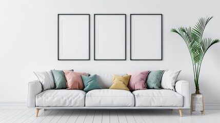 Empty picture frames on a pristine white wall, modern living room with a cozy sofa, colorful cushions, and a tall potted palm plant seen through an open door, perfect for home staging