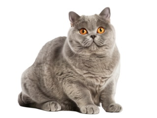 Full body shot of British Shorthair cat, sitting, looking around curiously.