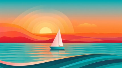 Fototapeta premium Gradient illustration of a sailboat drifting on a serene ocean, sunset hues blending into the horizon, gentle waves reflecting the gradient sky, a sense of calm and adventure