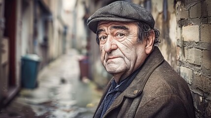 A man with a hat and coat leaning against the wall, AI