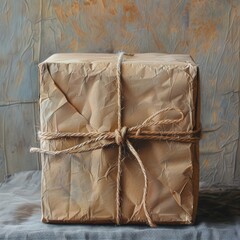 Obraz premium A carefully wrapped parcel tied with a natural twine rope, sitting on a rustic surface with a textured background, suggesting anticipation for an event or a special occasion